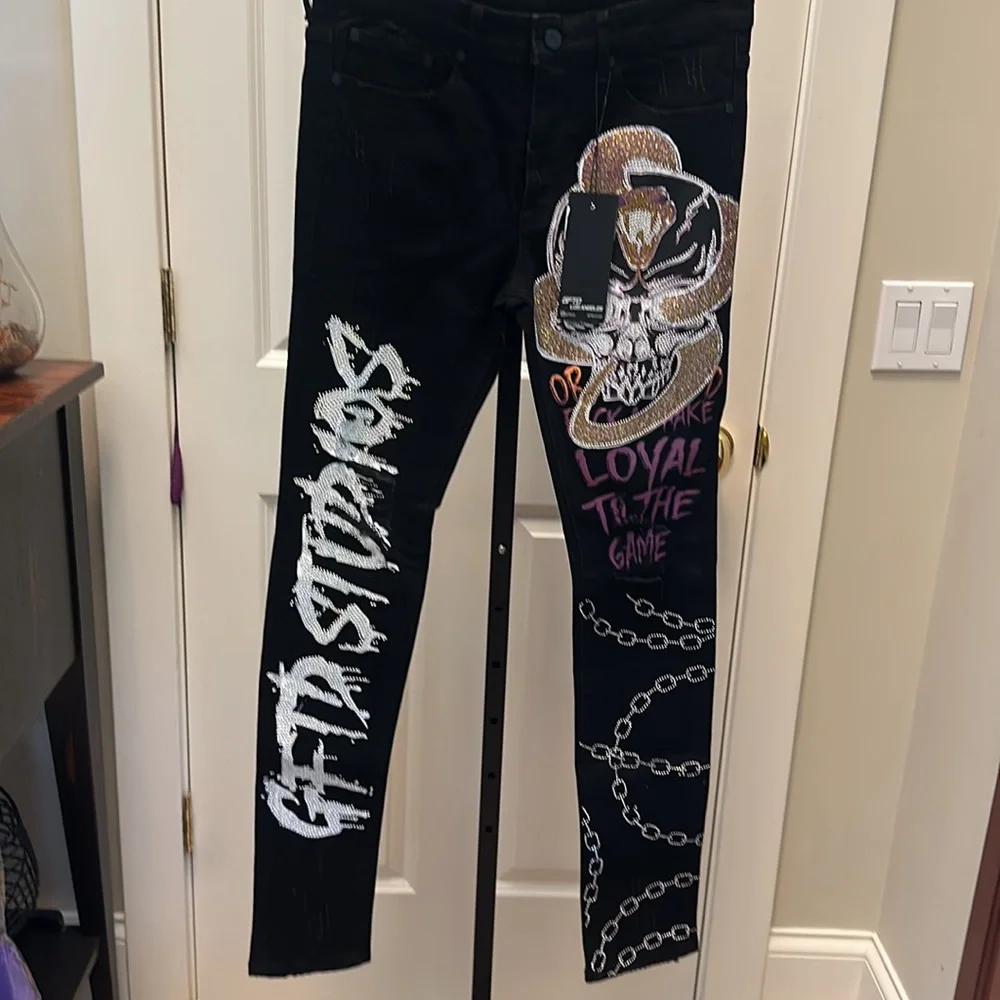 GFTO Los Angeles Elijah Black Denim Embellished / Rhinestone Graffiti Pants NEW